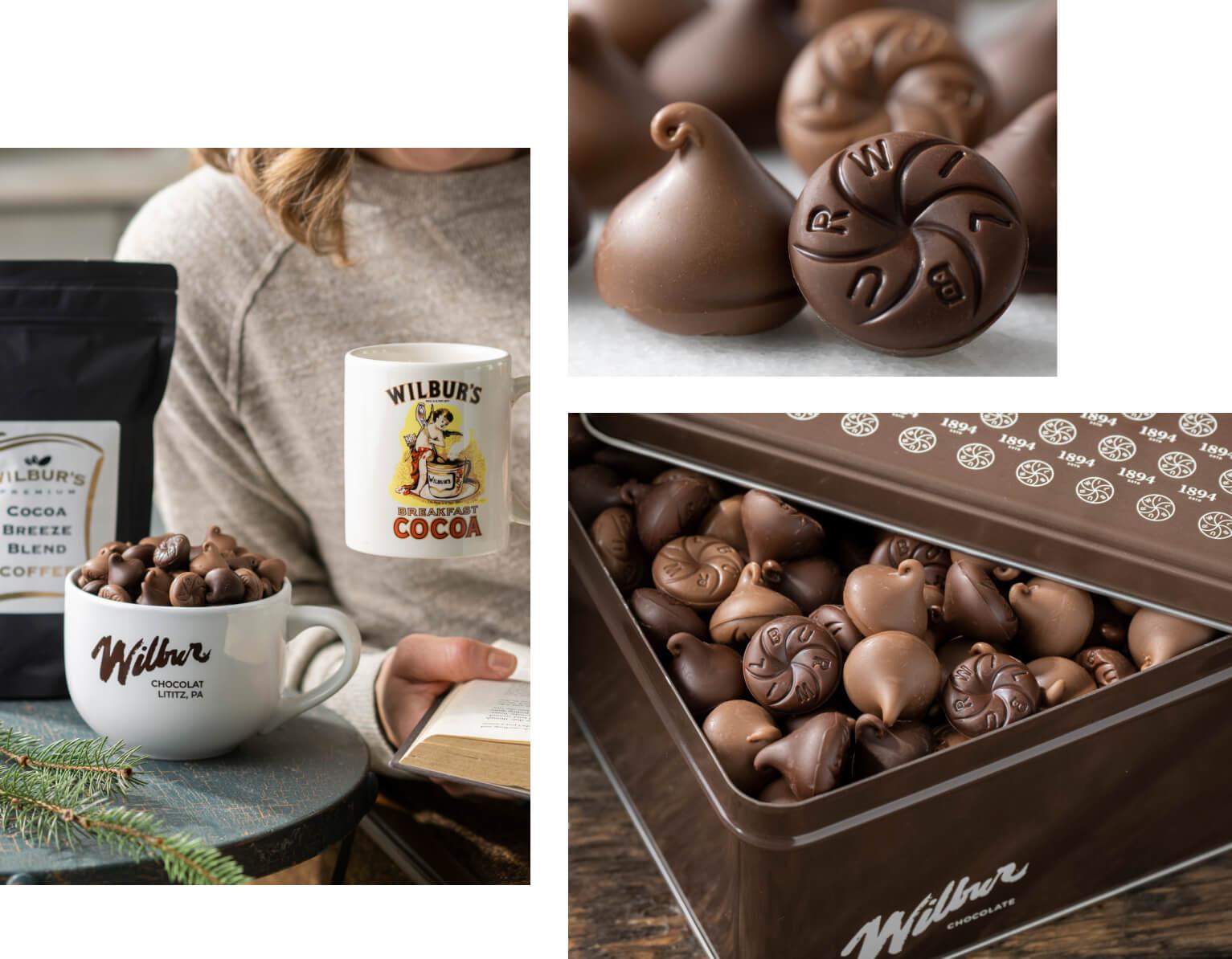Collage of images featuring Wilbur Chocolate Buds